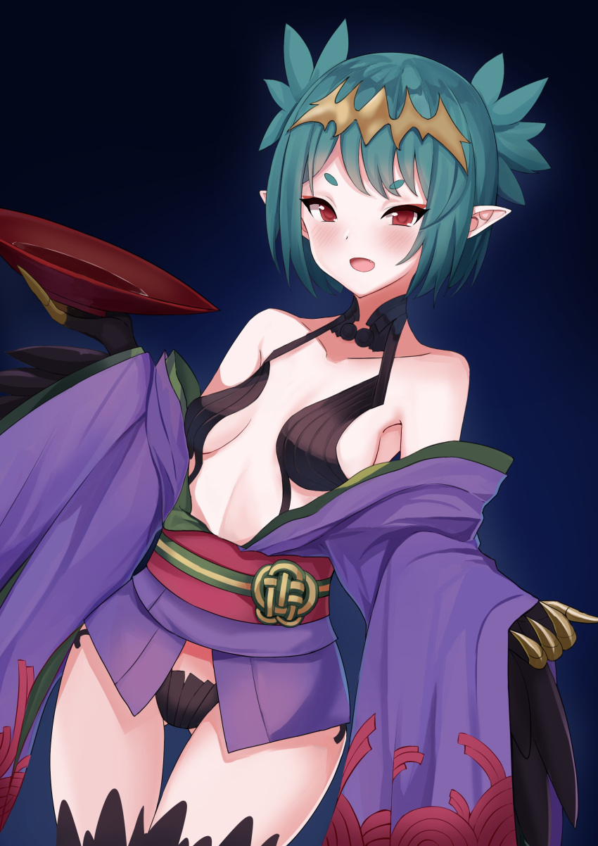 1girl absurdres artist_request bird_legs black_feathers black_wings blush breasts claws commentary cosplay cup fate/grand_order fate_(series) feathers green_hair harpy highres holding holding_cup indie_virtual_youtuber japanese_clothes kimono lincoro looking_at_viewer medium_breasts monster_girl open_clothes open_kimono open_mouth pointy_ears purple_kimono red_eyes revealing_clothes sakazuki second-party_source short_hair short_twintails shuten_douji_(fate) shuten_douji_(fate)_(cosplay) solo symbol-only_commentary tiara twintails virtual_youtuber wide_sleeves winged_arms wings