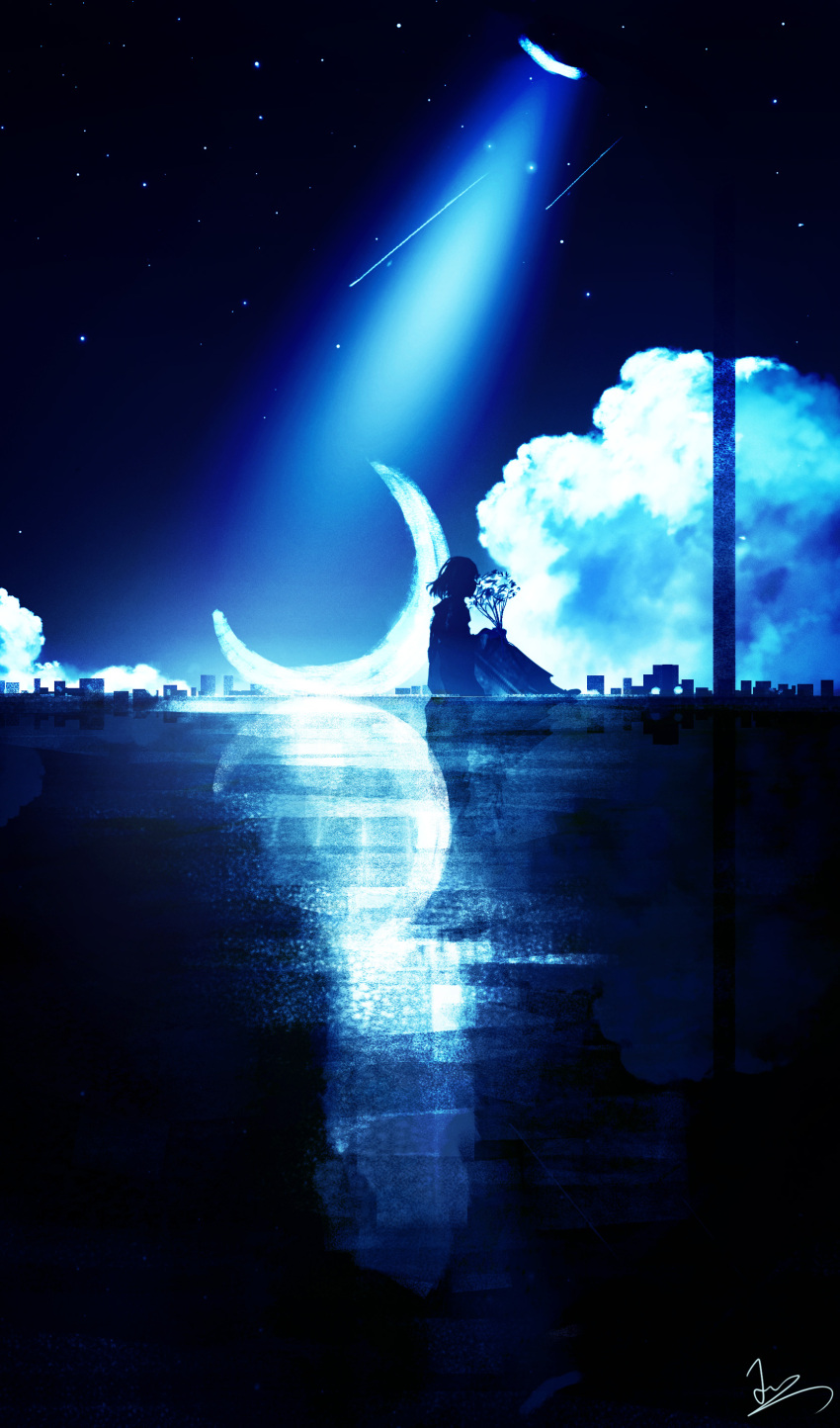 1girl absurdres cloud crescent_moon facing_ahead flower from_side highres holding holding_flower knees_up lamppost moon night night_sky original outdoors reflective_floor shooting_star short_hair signature silhouette sitting sky skyline skyrick9413 solo star_(sky) starry_sky