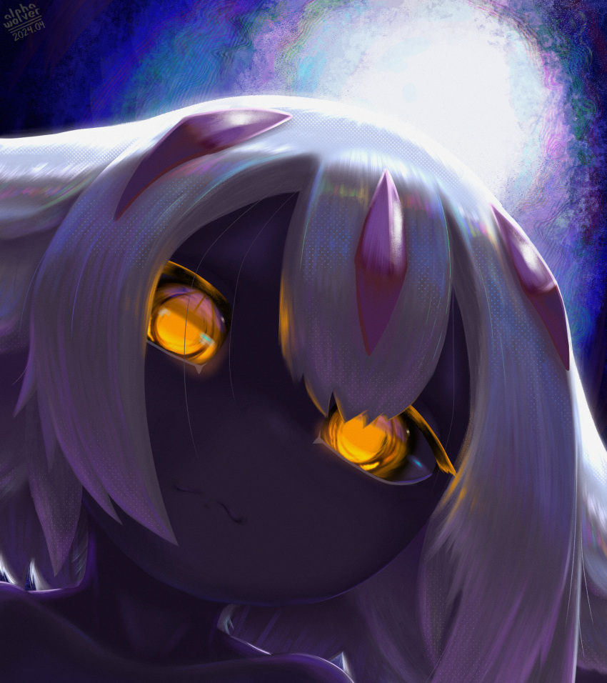 1girl :3 alphawolver animal_ear_fluff animal_ears artist_name aura bone child close-up closed_mouth collarbone dark-skinned_female dark_aura dark_skin eye_focus faputa film_grain fluff fluffy furry furry_female glowing glowing_eyes hair_between_eyes highres looking_at_viewer loose_hair_strand made_in_abyss monster_girl no_pupils orange_eyes smile solo topless white_fur white_hair