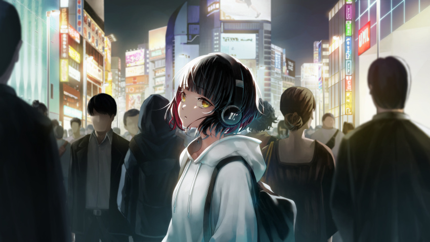 4girls 6+girls :o absurdres backpack bag black_hair blunt_bangs city_lights cityscape colored_inner_hair headphones highres holding holding_bag hood hoodie looking_at_viewer looking_to_the_side multicolored_hair multiple_girls night night_sky original red_hair short_hair sky solo_focus standing wavy_hair white_hoodie yellow_eyes yurakusai