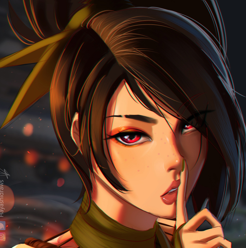 1girl absurdres akali artist_name black_hair close-up finger_to_mouth freckles green_nails hayashidraws high_ponytail highres index_finger_raised league_of_legends lips looking_at_viewer parted_lips portrait red_eyes shushing signature solo upper_body