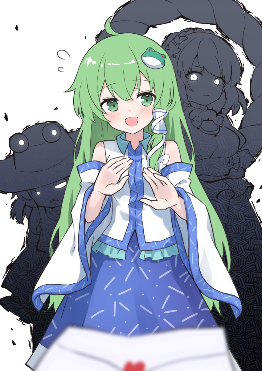 3girls :d absurdres ahase_hino ahoge bare_shoulders blush collared_shirt commentary_request detached_sleeves flying_sweatdrops frilled_shirt frills frog_hair_ornament green_eyes green_hair hair_bun hair_ornament highres kochiya_sanae long_hair long_sleeves love_letter moriya_suwako multiple_girls nervous nontraditional_miko pov shirt single_hair_tube single_side_bun sleeveless sleeveless_shirt smile snake_hair_ornament touhou very_long_hair white_shirt white_sleeves wide_sleeves yasaka_kanako