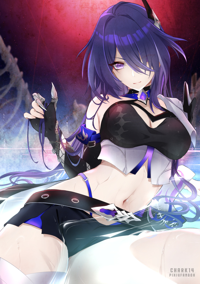 1girl absurdres acheron_(honkai:_star_rail) armor artist_name bandaged_leg bandages belt black_belt black_choker black_gloves black_shorts breasts chain chain_around_arm chark14 choker cleavage coat coattails commentary_request criss-cross_halter detached_sleeves english_commentary eyes_visible_through_hair gloves hair_between_eyes hair_ornament hair_over_one_eye halterneck highres honkai:_star_rail honkai_(series) knees_out_of_frame large_breasts leg_tattoo looking_at_viewer midriff multicolored_hair navel paid_reward_available partial_commentary partially_submerged purple_eyes purple_hair shorts shoulder_armor single_bare_shoulder single_detached_sleeve sitting smile solo stomach streaked_hair tattoo thighs water wet white_coat