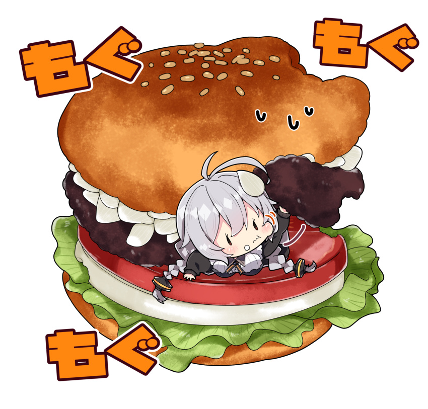 1girl :t antenna_hair arm_up black_jacket blush braid breasts brown_eyes closed_mouth commentary_request dress food food_on_face food_request grey_dress grey_hair hair_between_eyes highres in_food jacket kizuna_akari large_breasts lettuce long_hair long_sleeves low_twintails lying milkpanda mini_person minigirl on_stomach open_clothes open_jacket puffy_cheeks puffy_long_sleeves puffy_sleeves shirt simple_background solo sweat tomato tomato_slice translation_request twin_braids twintails very_long_hair voiceroid wavy_mouth white_background white_shirt |_|