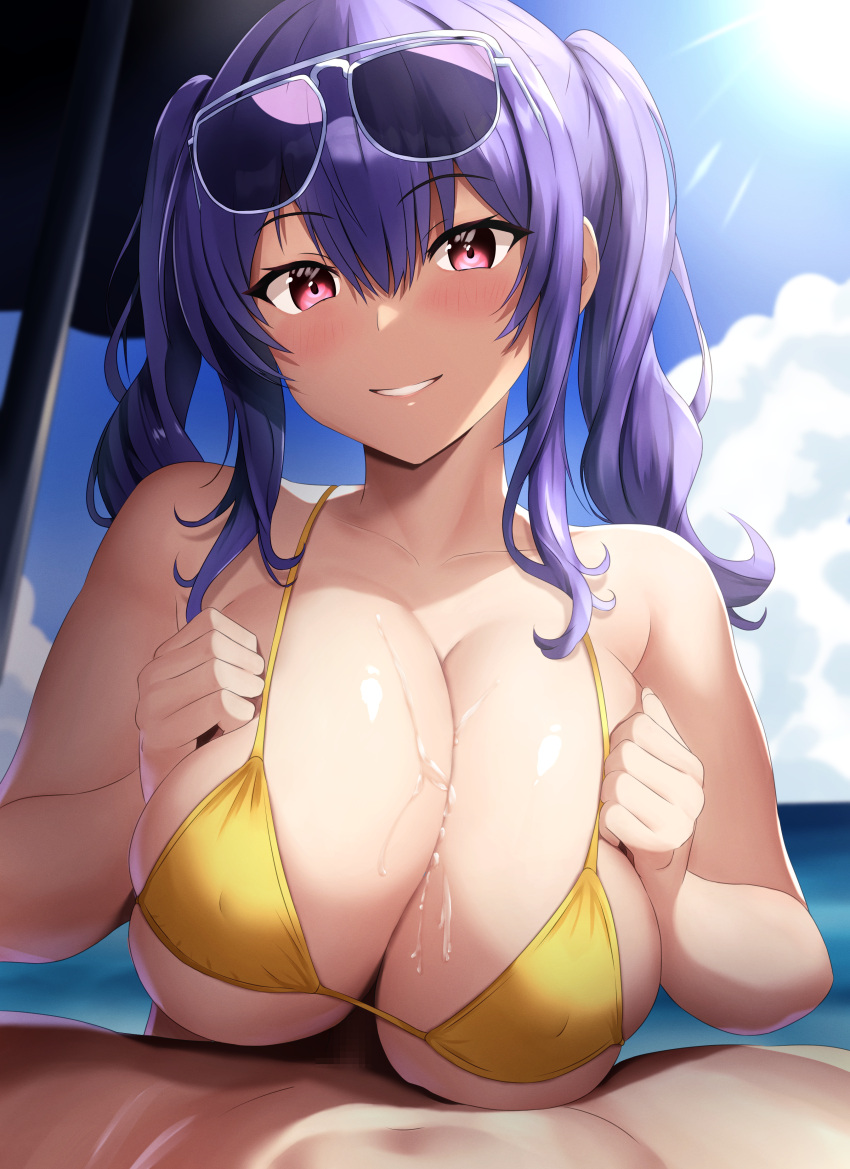 1boy 1girl absurdres asanagi_shion aviator_sunglasses azur_lane beach_umbrella bikini blue_sky blush breasts breasts_squeezed_together clenched_hands cloud covered_nipples eyewear_on_head grin hands_on_own_breasts hetero highres large_breasts micro_bikini official_alternate_costume outdoors paizuri paizuri_under_clothes pola_(azur_lane) pola_(seaside_coincidence)_(azur_lane) pov pov_crotch purple_hair red_eyes semi-circular_eyewear sidelocks skindentation sky smile solo_focus sun sunglasses sunlight swimsuit twintails umbrella upper_body yellow_bikini