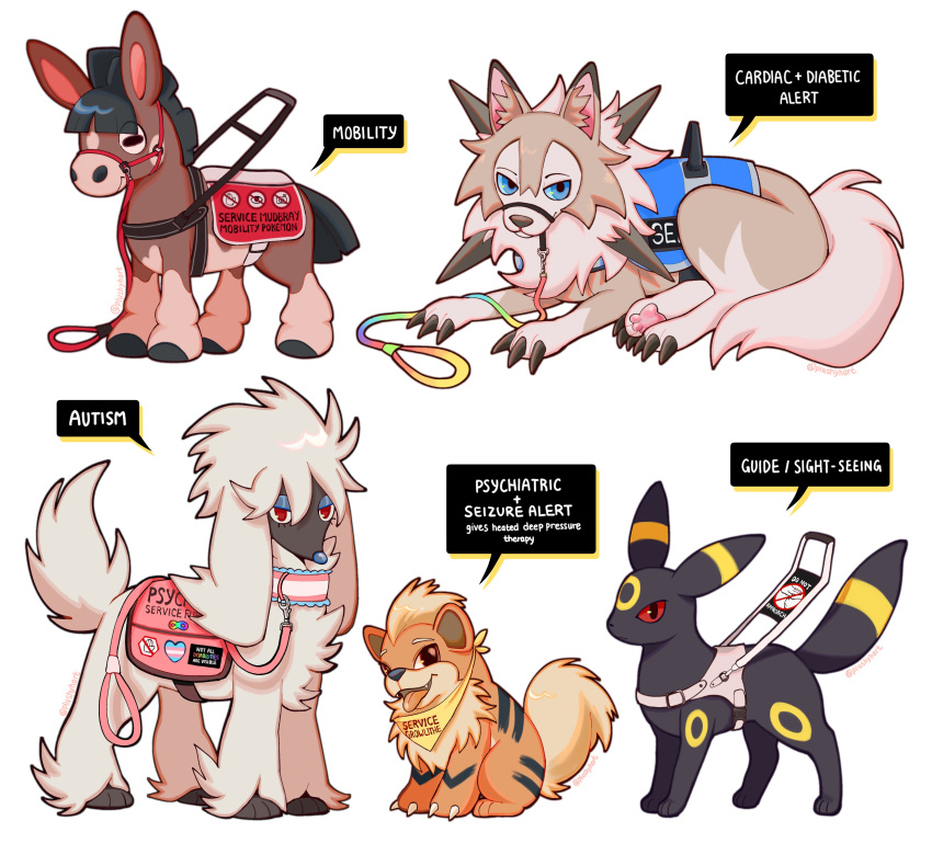 absurd_res ambiguous_gender badge bandanna black_body black_fur blue_eyes brown_body brown_fur claws collar dawn_lycanroc eeveelution english_text feral fur furfrou generation_1_pokemon generation_2_pokemon generation_6_pokemon generation_7_pokemon group growlithe harness hi_res horizontal_pupils kerchief leash lgbt_pride lycanroc markings mudbray muzzle_(object) nintendo patch_(marking) pawpads plushyhart pokemon pokemon_(species) pride_colors pupils service_animal service_dog_harness simple_background striped_markings stripes text tongue tongue_out transgender_pride_colors umbreon white_background white_body white_fur yellow_body yellow_fur