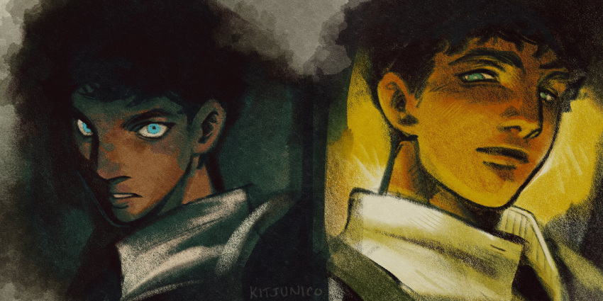 1boy armor black_background black_hair blue_eyes bright_pupils dark-skinned_male dark_skin dungeon_meshi highres kabru kitsunic0 looking_at_viewer male_focus multiple_views parted_lips portrait short_hair yellow_background