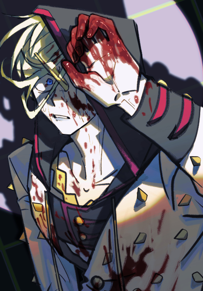 1boy blood blood_on_hands blood_splatter blue_eyes constricted_pupils green_hair hair_ornament hairclip hand_over_face higashikata_jobin highres hood jojo_no_kimyou_na_bouken jojolion male_focus messy_hair parted_lips solo spikes spotlight swampland sweat