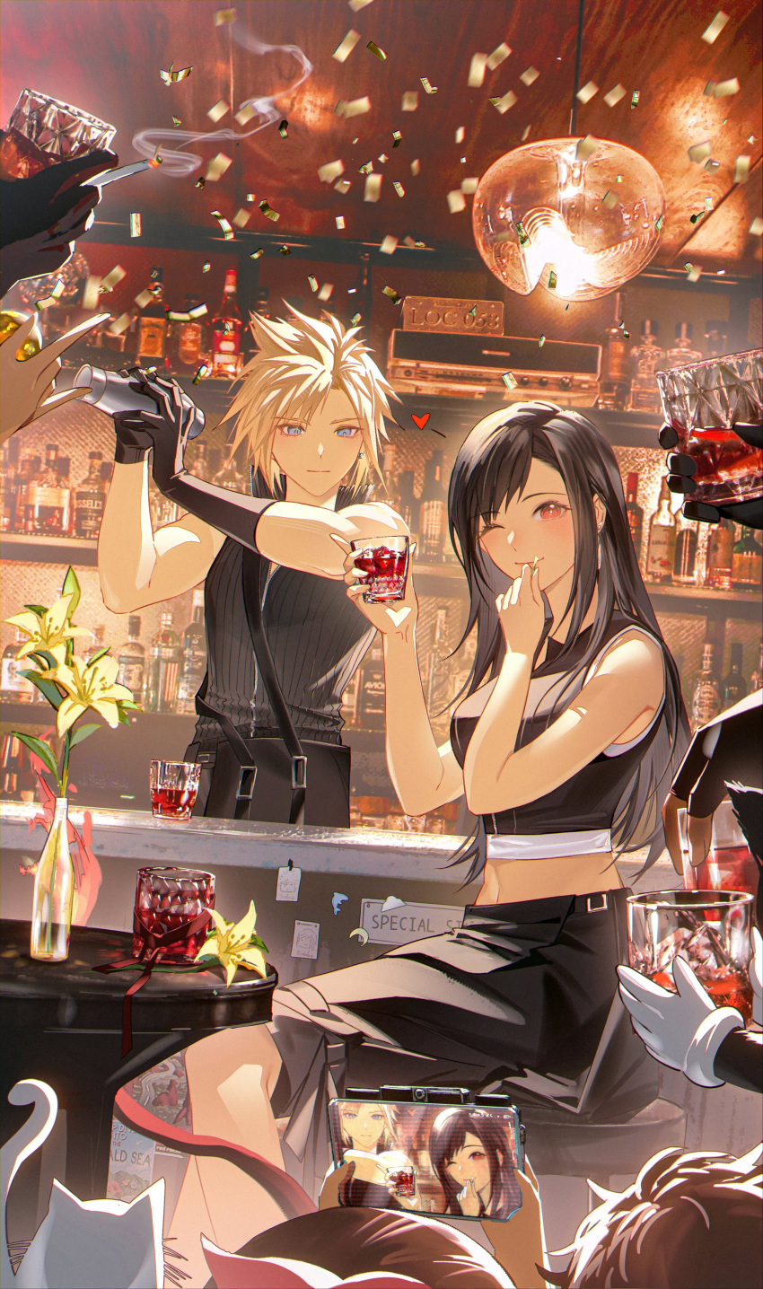 3girls 6+boys absurdres bar_(place) barret_wallace birthday black_hair blonde_hair bottle cait_sith_(ff7) cat cellphone chinese_commentary cid_highwind cloud_strife cocktail_shaker commentary_request confetti cup denzel_(ff7) drinking_glass duoj_ji final_fantasy final_fantasy_vii final_fantasy_vii_advent_children fingerless_gloves flame-tipped_tail gloves heart highres marlene_wallace multiple_boys multiple_girls party_popper phone recording red_xiii sitting sleeveless smartphone smile tifa_lockhart vincent_valentine wine_bottle yuffie_kisaragi