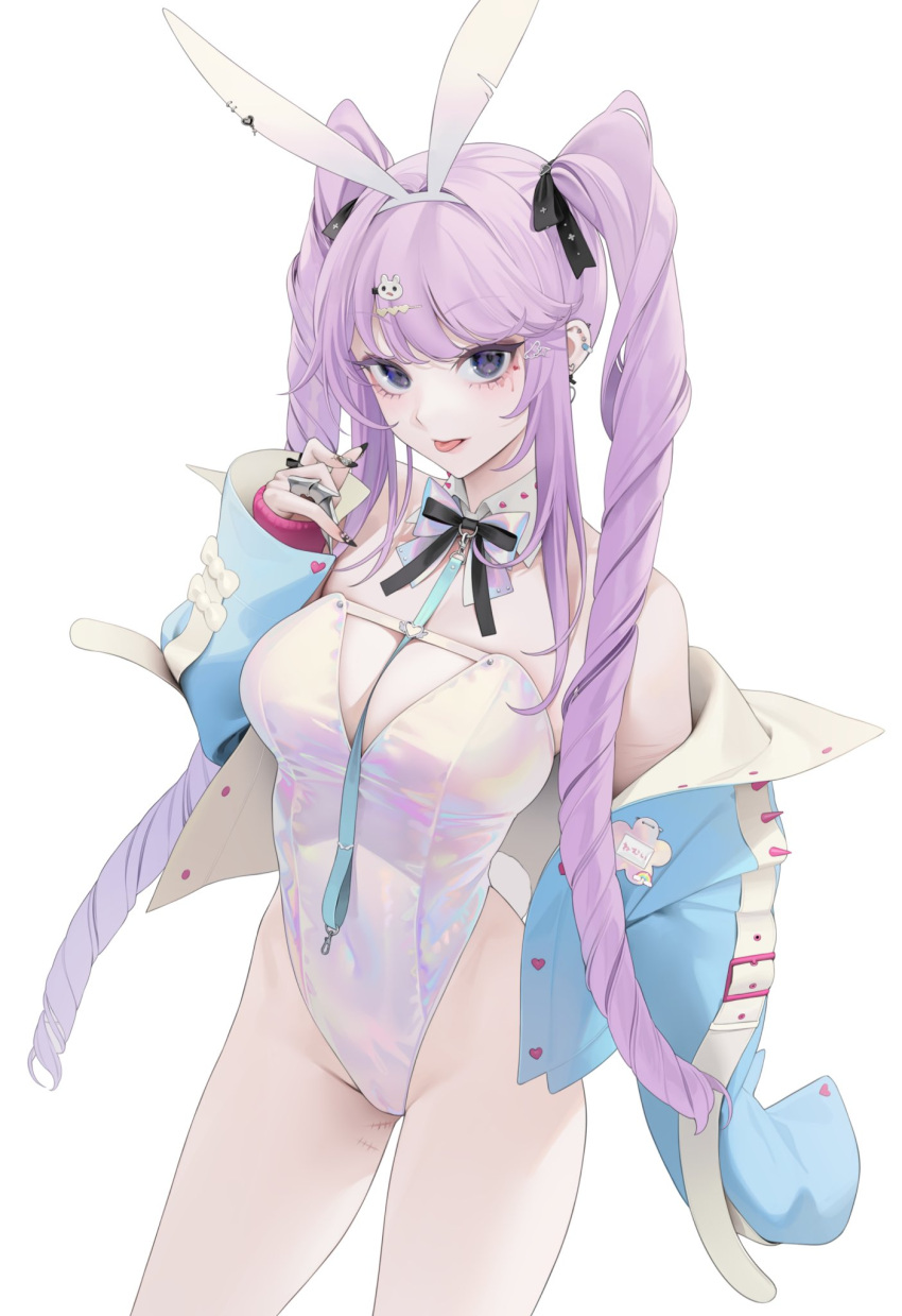 1girl animal_ears blue_eyes cameltoe character_request copyright_request drill_hair ear_piercing highres jacket leotard looking_at_viewer off_shoulder ohisashiburi open_clothes open_jacket piercing purple_hair rabbit_ears scar simple_background solo tongue tongue_out twin_drills twintails white_background