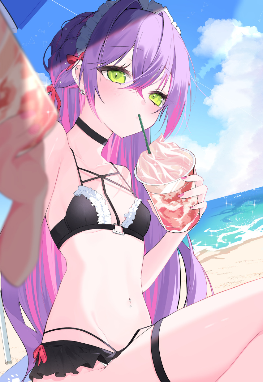 1girl absurdres beach bikini black_choker blush breasts choker colored_inner_hair ear_piercing green_eyes hair_between_eyes hair_ornament highres hololive long_hair looking_at_viewer multicolored_hair outdoors piercing pink_hair purple_hair solo streaked_hair swimsuit tachibana_shiro tokoyami_towa virtual_youtuber