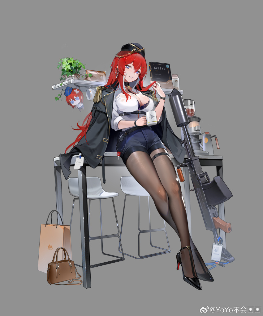 1girl 6p62 6p62_(6p62's_offer)_(girls'_frontline) 6p62_(girls'_frontline) :&lt; adjusting_hair bag black_choker black_footwear black_hat black_jacket black_pantyhose blue_eyes blue_shorts book bra breasts brown_bag buckle chair character_doll chest_strap choker cleavage coffee_maker coffee_pot company_logo crossed_ankles ear_piercing earrings epaulettes full_body garrison_cap girls'_frontline gold_trim grey_background hair_between_eyes hair_ornament hairclip handbag hat high_collar high_heels highres jacket jacket_on_shoulders jewelry key lace-trimmed_bra lace_trim lanyard large_breasts leaning_on_table long_hair long_sleeves looking_at_viewer office_lady official_alternate_costume official_art pantyhose parted_lips partially_unbuttoned picture_frame piercing plant potted_plant red_hair shirt shorts smile snap-fit_buckle solo sticky_note thigh_strap underwear very_long_hair watch weibo_logo weibo_watermark white_shirt wristwatch yoyo_(550098)