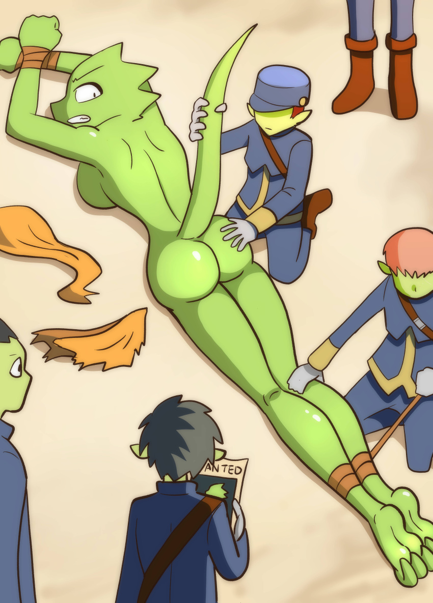 absurd_res annoyed anthro bluebirdoasis butt butt_grab captured female goblin group hand_on_butt hi_res humanoid lizard nude reptile scalie tail veronica_(bluebirdoasis) wanted_poster