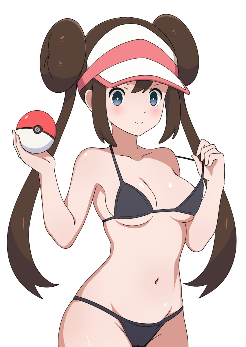 1girl absurdres alternate_costume bikini black_bikini blush breasts bright_pupils brown_hair closed_mouth collarbone commentary double_bun hair_bun highres holding holding_poke_ball long_hair looking_at_viewer mnkr98 navel poke_ball poke_ball_(basic) pokemon pokemon_bw2 rosa_(pokemon) smile solo split_mouth strap_slip swimsuit twintails visor_cap white_background white_pupils