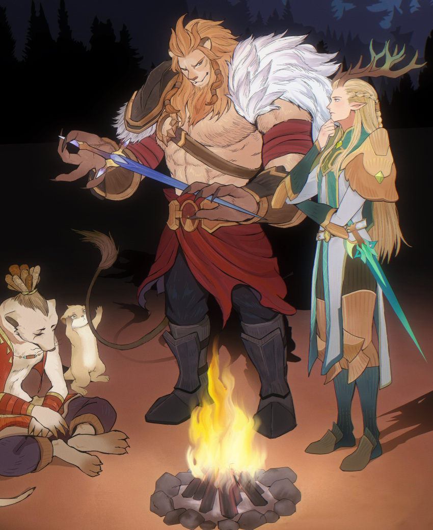 4boys abs absurdres adrienwithane_(ap00c) afk_journey animal_ears antlers bara barefoot blonde_hair brutus_(afk_arena) campfire chasing_another's_tail claws deer_antlers eironn_(afk_arena) english_commentary furry furry_male hand_on_own_chin highres holding holding_sword holding_weapon horns lion_boy lion_ears lion_mane lion_tail male_focus meerkat_boy meerkat_ears meerkat_tail meerky_(afk_journey) multiple_boys muscular muscular_male night night_sky pectorals pointy_ears sky smokey_(afk_journey) sword tail tree weapon