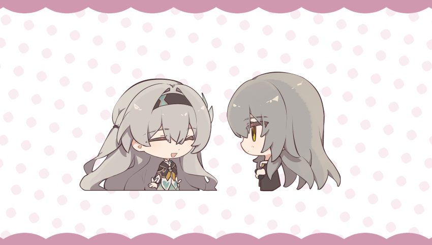 2girls ^_^ black_coat black_hairband black_jacket chibi closed_eyes coat collared_shirt cropped_jacket firefly_(honkai:_star_rail) grey_hair hair_between_eyes hair_ornament hairband highres honkai:_star_rail honkai_(series) jacket long_hair long_sleeves looking_at_another multiple_girls neckerchief orange_neckerchief shirt stelle_(honkai:_star_rail) trailblazer_(honkai:_star_rail) wisteria-nya yellow_eyes