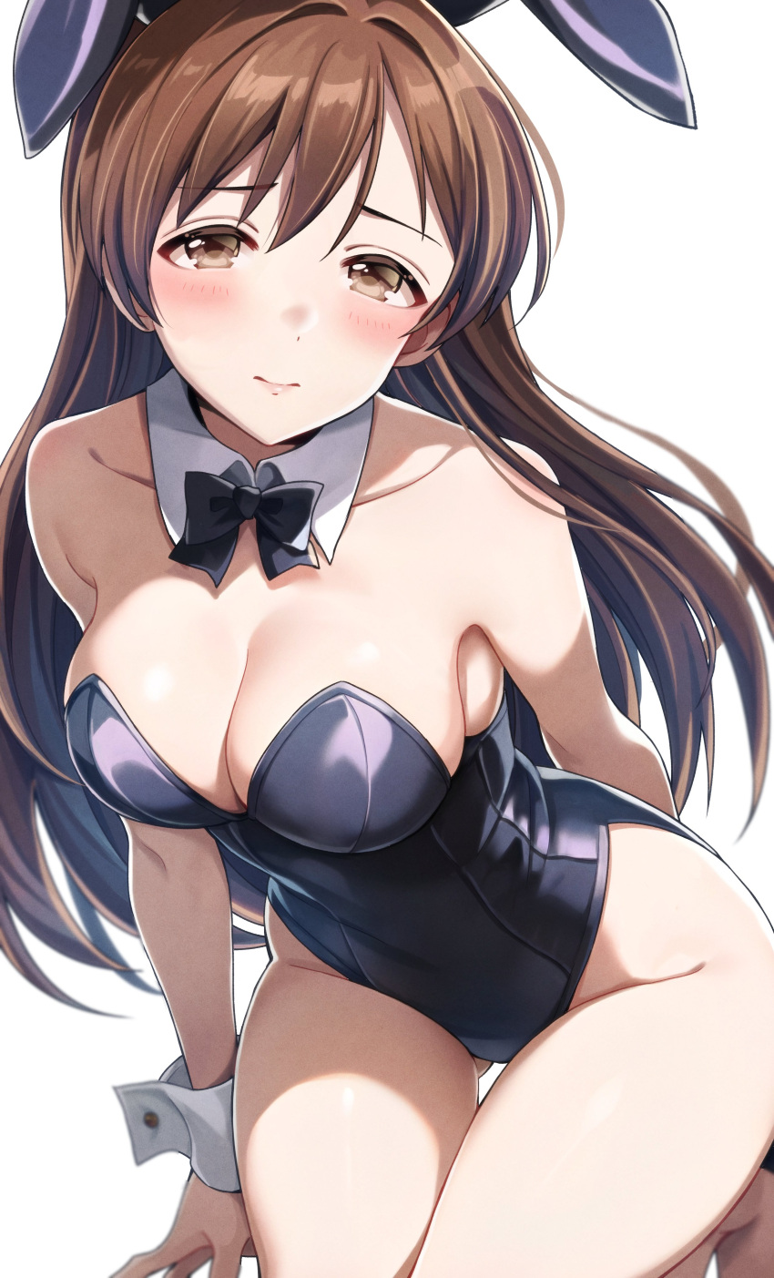 1girl absurdres animal_ears bare_legs bare_shoulders black_leotard blush breasts brown_eyes brown_hair cleavage collarbone detached_collar fake_animal_ears groin highleg highleg_leotard highres idolmaster idolmaster_cinderella_girls leotard long_hair looking_at_viewer medium_breasts nitta_minami playboy_bunny popon_ta rabbit_ears solo thighs wrist_cuffs