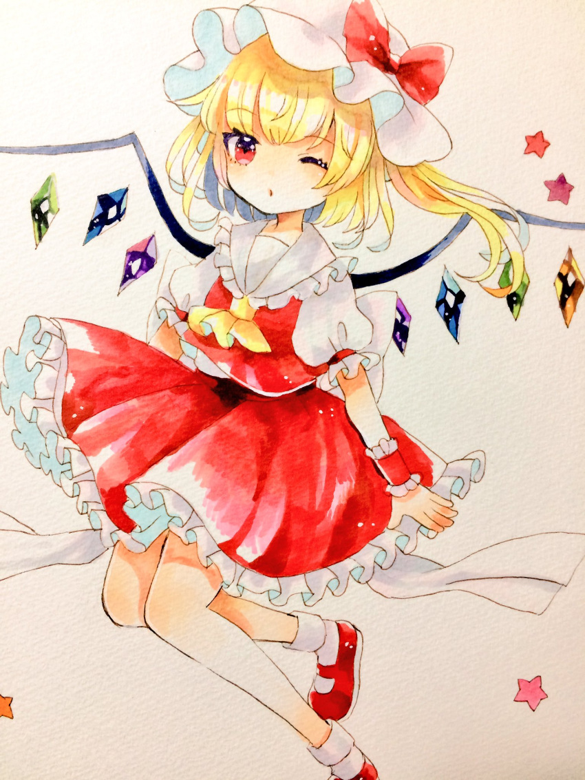 1girl ascot bat_wings blonde_hair crystal flandre_scarlet hat hat_ribbon highres hiyuu_(hiyualice) mob_cap multicolored_wings one_eye_closed one_side_up puffy_short_sleeves puffy_sleeves red_eyes red_vest ribbon short_sleeves side_ponytail skirt skirt_set solo star_(symbol) touhou traditional_media vest white_hat wings yellow_ascot