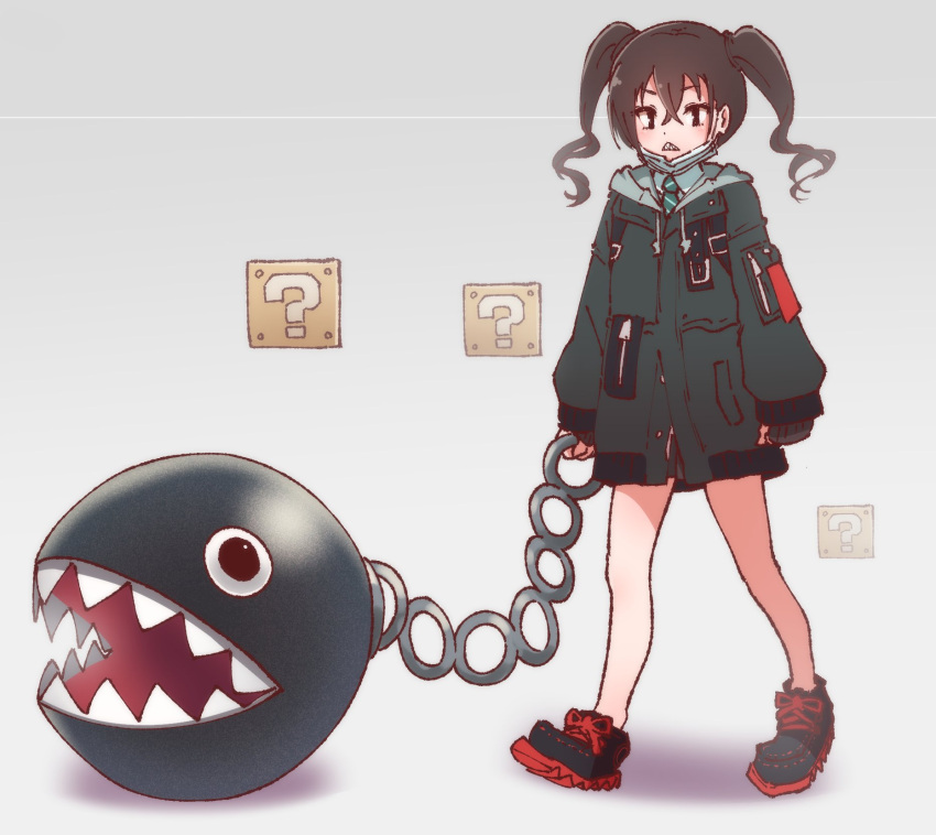 1girl ?_block bad_id bad_twitter_id black_footwear brown_eyes brown_hair chain chain_chomp coat commentary_request crossover drawstring frown full_body green_coat grey_background hair_between_eyes highres holding holding_chain hood hood_down hooded_coat idolmaster idolmaster_cinderella_girls inactive_account long_hair long_sleeves looking_at_viewer mario_(series) mask mask_pull mouth_mask open_mouth ruru_ashihara sharp_teeth shoes sleeves_past_wrists solo standing sunazuka_akira surgical_mask teeth twintails walking