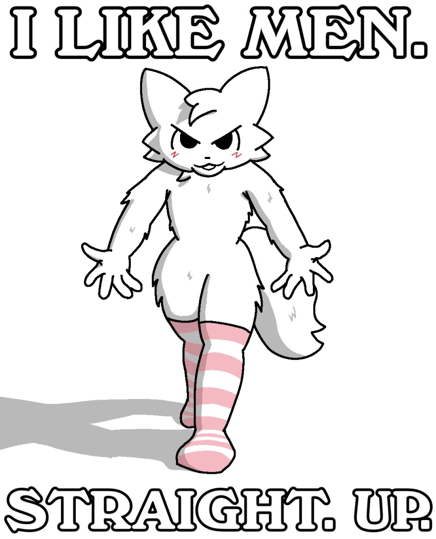 anthro boy_kisser_(meme) chipepper_(artist) clothing fur hi_res leggings leggings_only legwear male meme pattern_clothing pose shadow silly_cat_(mauzymice) solo striped_clothing stripes text white_body white_fur