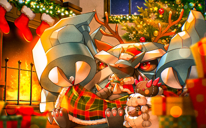 antlers black_sclera blanket blurry blurry_foreground box character_doll christmas_stocking christmas_tree claws colored_sclera commentary ekm fire fireplace gift gift_box hat horns indoors lucario metagross night pokemon pokemon_(creature) pyukumuku red_eyes reindeer_antlers sitting sparkle stitches symbol-only_commentary window wooloo