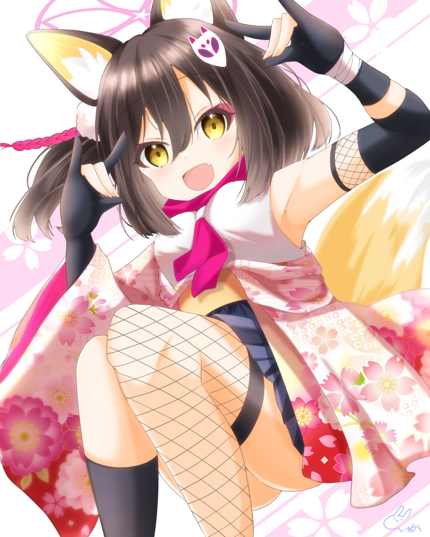 1girl :d absurdres animal_ear_fluff animal_ears armpits asymmetrical_legwear black_gloves black_socks blue_archive blush brown_hair cherry_blossom_print commentary_request double_fox_shadow_puppet dutch_angle eyeshadow fang fishnet_thighhighs fishnets floating_hair floral_print fox_ears fox_girl fox_mask fox_shadow_puppet fox_tail gloves hair_between_eyes halo hands_up happy highres izuna_(blue_archive) japanese_clothes kimono kneehighs knees_together_feet_apart looking_at_viewer makeup mask mask_on_head medium_hair mismatched_legwear neckerchief one_side_up open_mouth partially_fingerless_gloves pink_halo pink_kimono pink_neckerchief print_kimono shiika_0520 shirt signature simple_background sitting skin_fang sleeveless sleeveless_shirt smile socks solo tail thighhighs white_background white_shirt yellow_eyes