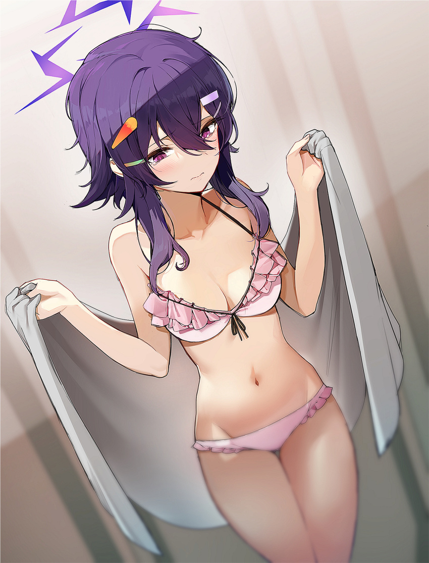 1girl bare_arms bare_shoulders bikini blue_archive blush breasts closed_mouth frilled_bikini frills groin hair_ornament hairclip halo haruka_(blue_archive) highres holding holding_towel hyury indoors navel pink_bikini purple_eyes purple_hair short_hair solo standing stomach swimsuit towel