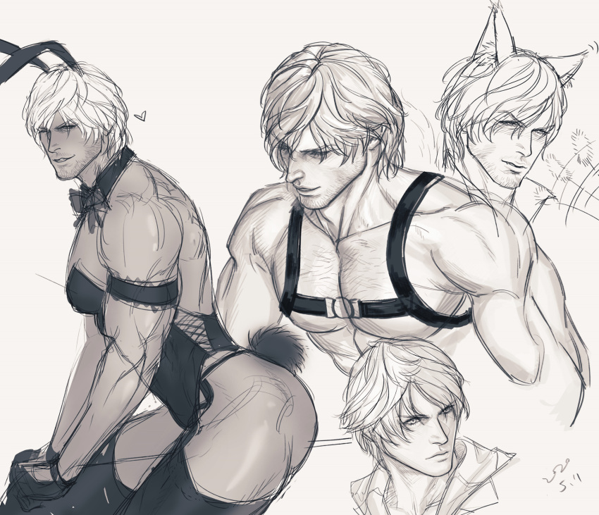 2boys animal_ears bara bare_pectorals beard chest_hair crossdressing dante_(devil_may_cry) devil_may_cry_(series) devil_may_cry_4 facial_hair highres male_focus mature_male monochrome multiple_boys muscular muscular_male nero_(devil_may_cry) pectorals playboy_bunny rabbit_ears smile toned toned_male vaness_fu