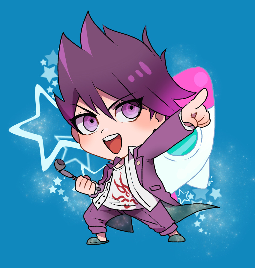 1boy asymmetrical_sleeves blue_background blue_footwear brooch buttons chibi coat coat_partially_removed coattails collared_coat collared_jacket commentary_request danganronpa_(series) danganronpa_v3:_killing_harmony denim full_body hair_between_eyes hamadaichi high_collar highres holding holding_smoking_pipe jacket jeans jewelry layered_sleeves light_blush long_sleeves male_focus mismatched_sleeves momota_kaito open_clothes open_jacket open_mouth pants pointing pointing_forward purple_coat purple_eyes purple_hair purple_pants purple_sleeves rocket shirt short_hair simple_background slippers smile smoking_pipe solo space_print spiked_hair star_(symbol) starry_sky_print teeth two-sided_coat two-sided_fabric upper_teeth_only v-shaped_eyebrows white_jacket white_shirt white_sleeves