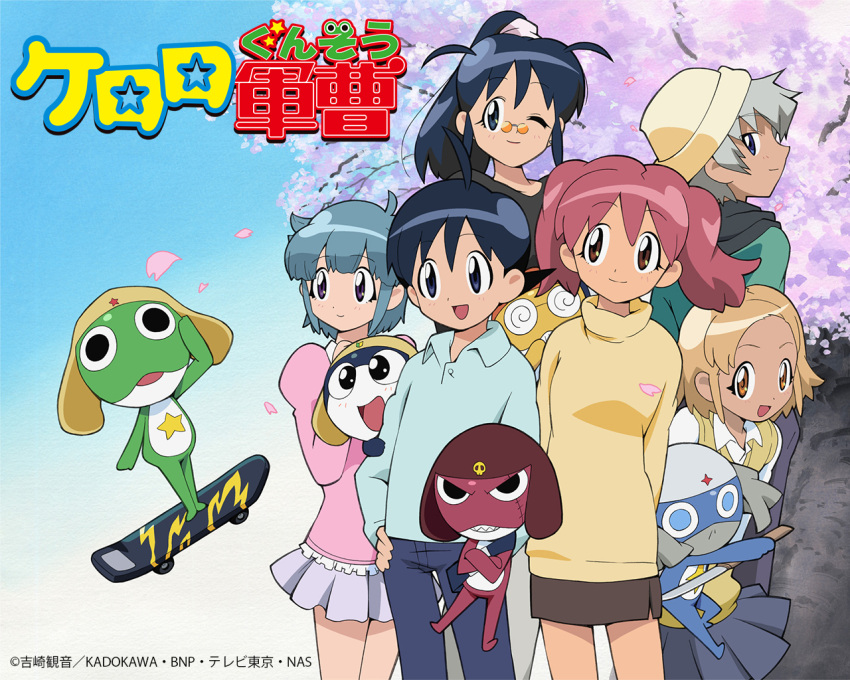 4girls 6+boys angol_mois belt black_eyes black_hair blonde_hair blue_eyes cardigan cherry_blossoms copyright_name dororo_(keroro_gunsou) dress frog giroro glasses grey_hair hat hinata_aki hinata_fuyuki hinata_natsumi hood hoodie houjou_mutsumi keroro keroro_gunsou kururu_(keroro_gunsou) looking_at_viewer mask multiple_boys multiple_girls nishizawa_momoka official_art official_wallpaper pants red_hair shirt short_hair skirt star_(symbol) sweater tamama twintails