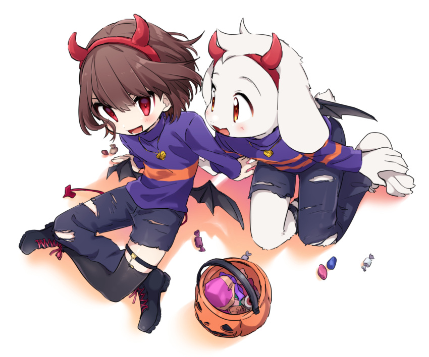 1boy 1other alternate_costume arm_support asriel_dreemurr asymmetrical_pants barefoot bat_wings black_footwear black_thighhighs black_wings boots brown_hair candy chara_(undertale) demon_horns demon_tail denim food from_above full_body furry furry_male hair_behind_ear hairband halloween halloween_bucket halloween_costume hand_on_own_foot hands_on_floor heart heart_necklace horns jeans jewelry leftporygon looking_at_another looking_at_viewer lower_teeth_only necklace open_mouth orange_eyes orange_sweater pants purple_sweater red_hairband ripped_jeans shadow short_hair single_thighhigh sitting smile striped_clothes striped_sweater sweater tail teeth thighhighs thighlet torn_clothes torn_pants turtleneck turtleneck_sweater two-tone_sweater undertale white_background white_fur white_tail wings wrapped_candy