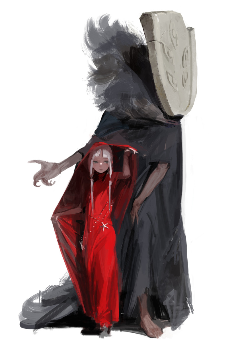 1boy 1girl arm_up barefoot blue_eyes braid cloak cross dark-skinned_female dark-skinned_male dark_skin dress extra_arms highres hood hood_up jewelry long_hair looking_at_viewer monster_boy nanbo_ataru_(attall) necklace original photoshop_(medium) red_dress robe shield simple_background sketch smile standing white_background white_hair