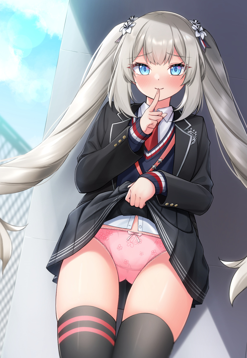 1girl black_jacket black_skirt black_thighhighs blazer blue_eyes clothes_lift collared_shirt fate/grand_order fate_(series) finger_to_mouth grey_hair highres hoshino_reiji jacket lifted_by_self long_hair long_sleeves looking_at_viewer marie_antoinette_(fate) miniskirt navel necktie panties pink_panties pleated_skirt red_necktie school_uniform shirt skirt skirt_lift smile solo standing thighhighs twintails underwear very_long_hair white_shirt