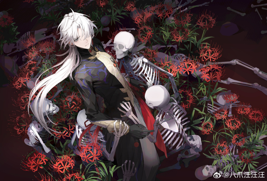 1boy bazhua black_coat black_gloves blade_(honkai:_star_rail) bone chinese_clothes closed_mouth coat cowboy_shot curtained_hair earrings expressionless field flower flower_field gloves grass grey_eyes grey_pants hair_over_one_eye half_updo highres honkai:_star_rail honkai_(series) jewelry long_hair long_sleeves looking_at_viewer looking_to_the_side male_focus pants red_flower skeleton sleeve_cuffs solo spider_lily standing stud_earrings turtleneck weibo_logo weibo_watermark white_hair yingxing_(honkai:_star_rail)