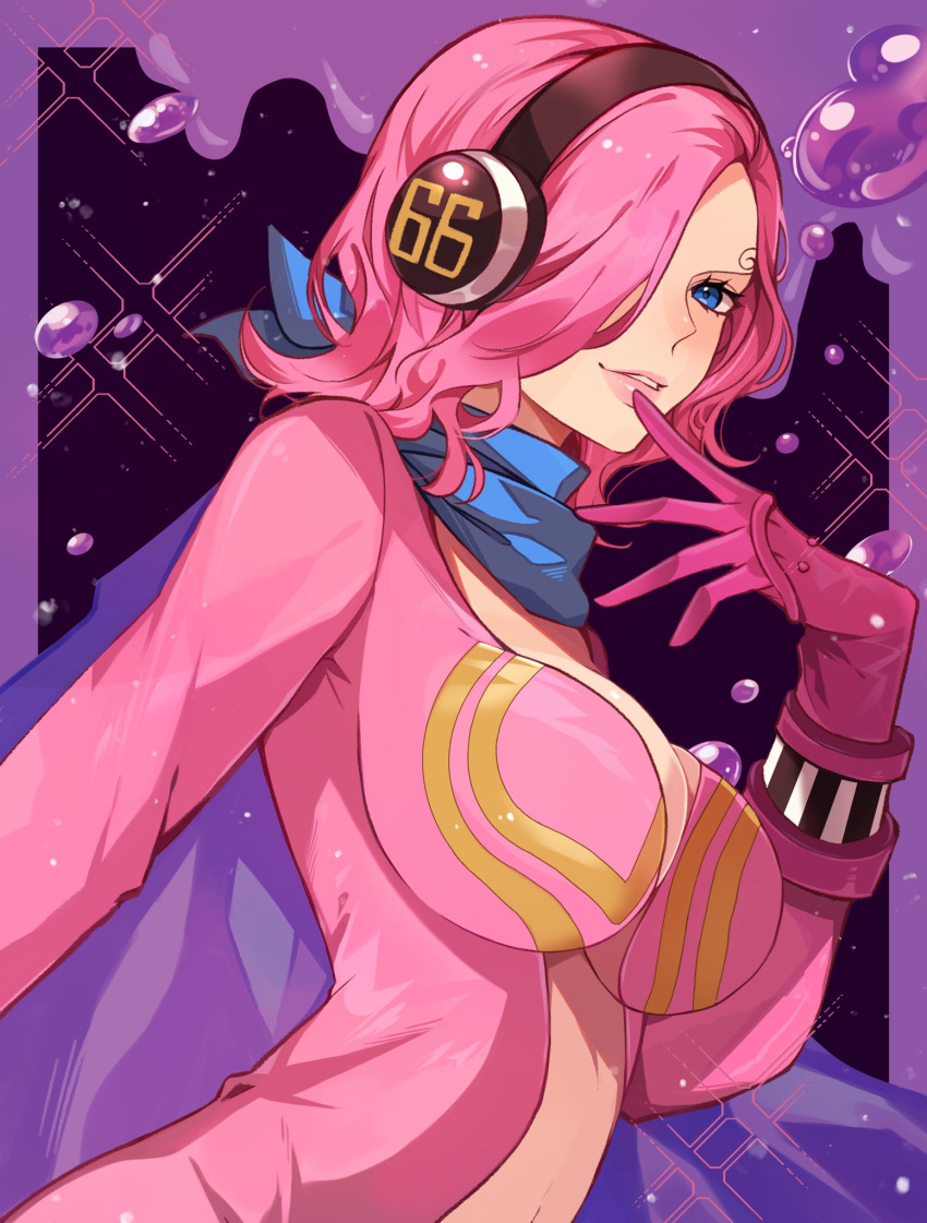 1girl armor bandana bandana_around_neck black_background blue_bandana blue_eyes bodysuit border breasts cape cleavage curly_eyebrows finger_to_mouth gloves hair_over_one_eye headphones highres kurage20001 large_breasts looking_at_viewer medium_breasts navel one_piece pink_bodysuit pink_gloves pink_hair pink_lips poison power_armor purple_border purple_cape solo vinsmoke_reiju