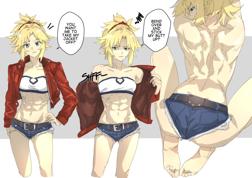 abs absurdres annoyed argent_moon bare_shoulders barefoot belt blonde_hair denim denim_shorts english_text fate_(series) flat_chest green_eyes hand_on_own_hip highres jacket looking_back mordred_(fate) muscular muscular_female open_clothes open_jacket short_shorts shorts spiked_hair tank_top toned undressing