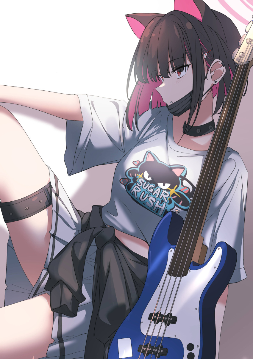 1girl absurdres bass_guitar belt black_mask blue_archive cardigan cardigan_around_waist clothes_around_waist colored_inner_animal_ears colored_inner_hair extra_ears fender_jazz_bass halo highres instrument jacket jacket_around_waist kazusa_(band)_(blue_archive) kazusa_(blue_archive) kiyakyuu mask mask_lift mask_pull mouth_mask multicolored_hair pink_halo print_shirt shirt solo thigh_belt thigh_strap