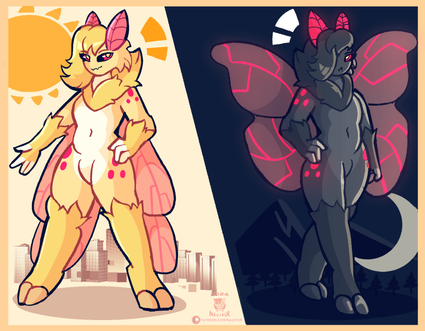 absurd_res antennae_(anatomy) anthro arthropod day digital_media_(artwork) femboy fur hair hi_res insect lepidopteran looking_at_viewer lux_(nagifur) macro male mammal model_sheet moon moth nagifur night simple_background size_difference solo sun wings