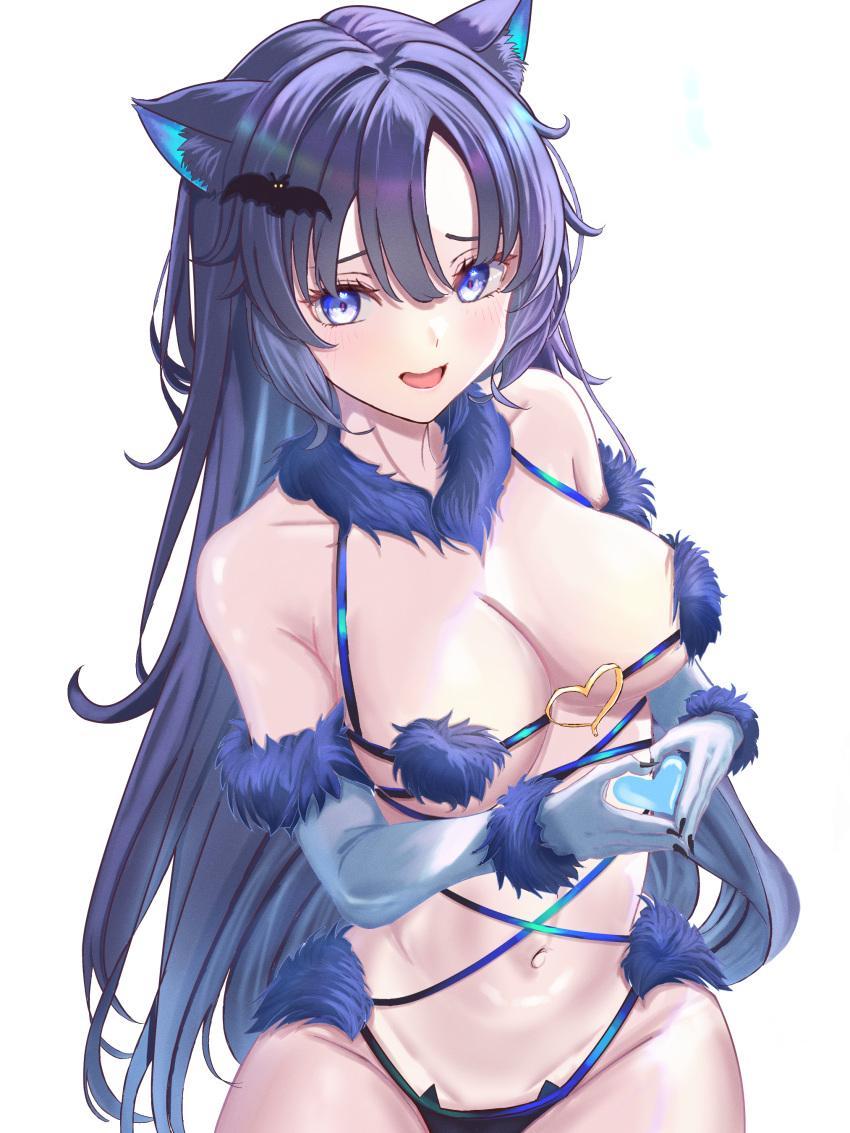 1girl absurdres animal_ear_fluff animal_ears bikini blue_archive blue_bikini blue_eyes blue_hair commentary_request cosplay cowboy_shot fate/grand_order fate_(series) fur-trimmed_gloves fur_bikini fur_collar fur_trim gloves grey_gloves heart heart_hands highres long_hair looking_at_viewer mash_kyrielight mash_kyrielight_(dangerous_beast) mash_kyrielight_(dangerous_beast)_(cosplay) navel no_halo o-ring o-ring_top open_mouth revealing_clothes simple_background smile solo swimsuit white_background wolf_ears yuuka_(blue_archive) zea_(zeamilky)