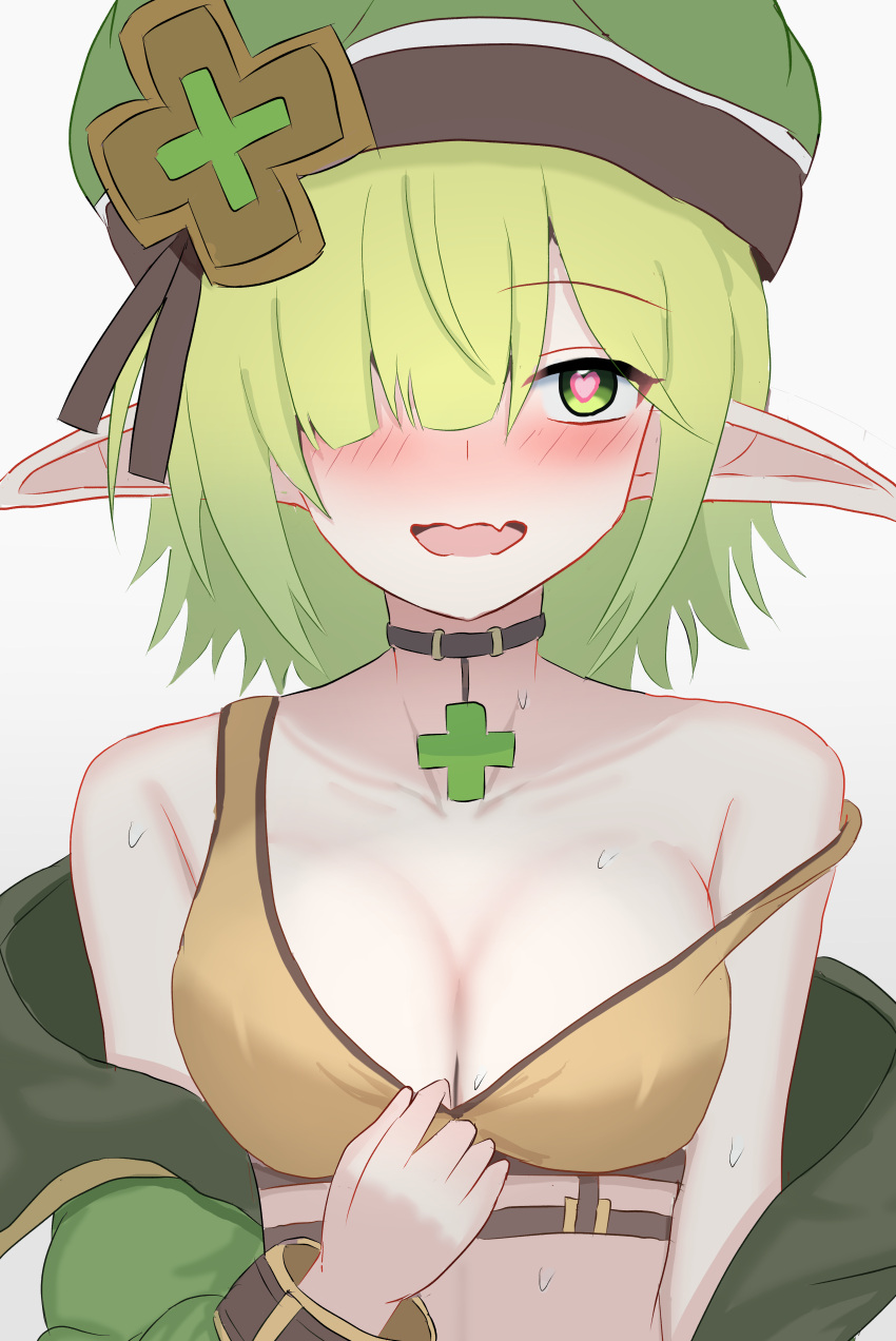 1girl absurdres aoi_(camp)_(princess_connect!) aoi_(princess_connect!) arms_at_sides bare_shoulders blush breasts brown_tank_top cleavage clover_ornament collarbone elf green_eyes green_hair green_hat green_jacket hair_over_one_eye hat heart heart-shaped_pupils highres jacket medium_breasts medium_hair open_clothes open_jacket open_mouth orange_sports_bra orange_tank_top pendant_choker pointy_ears princess_connect! ryachika simple_background solo sports_bra strap_slip symbol-shaped_pupils tank_top upper_body