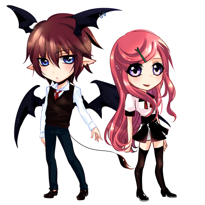 1boy 1girl black_footwear black_skirt black_thighhighs black_vest black_wings blue_eyes blue_pants blush brown_hair closed_mouth collared_shirt commentary demon_boy demon_tail demon_wings earrings expressionless full_body hair_between_eyes hair_ornament hairclip head_wings highres jewelry lanmei_jiang loafers long_bangs long_hair looking_at_viewer medium_bangs ming_wei_aiqing_de_chibang multiple_earrings necktie open_mouth pants pink_hair pointy_ears purple_eyes red_necktie shirt shoes short_hair short_sleeves sidelocks simple_background skirt smile standing swept_bangs tail thighhighs vest white_background white_shirt wings