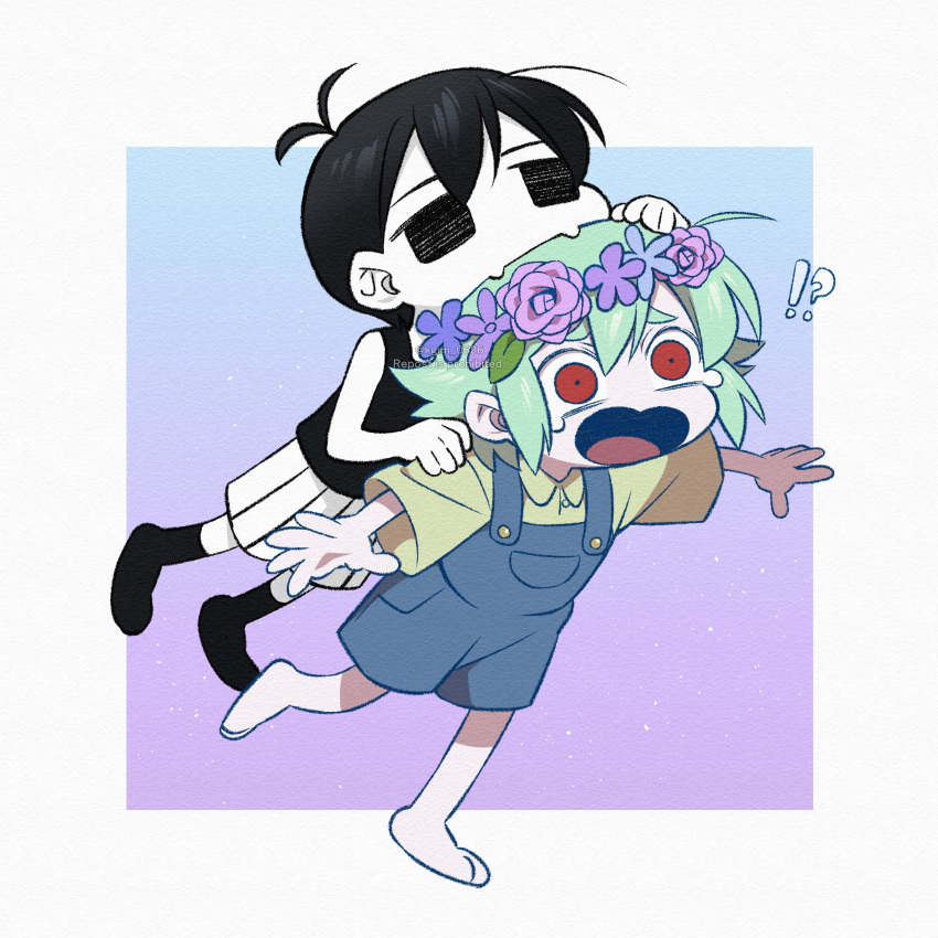 !? 2boys absurdres barefoot basil_(headspace)_(omori) basil_(omori) black_eyes black_hair black_socks black_tank_top blue_overalls chibi collared_shirt flower green_hair green_shirt head_wreath highres kageimo multiple_boys omori omori_(omori) open_mouth overalls red_eyes shirt short_hair short_sleeves shorts socks tank_top white_shorts