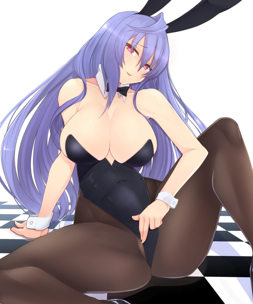 :d animal_ears bare_shoulders black_leotard blue_hair blush breasts bunny_ears bunnysuit checkered checkered_floor cleavage covered_navel detached_collar dura highres iris_heart kami_jigen_game_neptune_v large_breasts leotard leotard_pull long_hair looking_at_viewer neptune_(series) open_mouth pantyhose pink_eyes power_symbol sitting smile solo spread_legs strapless strapless_leotard symbol-shaped_pupils very_long_hair wrist_cuffs