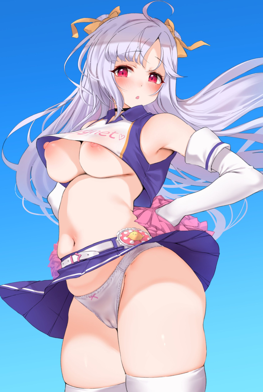 1girl armpits arms_behind_back azur_lane belt blue_background breasts cameltoe cheerleader chestnut_mouth collared_shirt cropped_shirt cygnet_(azur_lane) cygnet_(royal_fanfare)_(azur_lane) detached_sleeves hair_ribbon hechi_(hechi322) highres long_hair medium_breasts miniskirt nipples panties pom_pom_(cheerleading) puffy_nipples purple_hair purple_shirt purple_skirt red_eyes ribbon shirt simple_background skindentation skirt solo thighhighs underwear very_long_hair white_panties white_sleeves white_thighhighs wind yellow_ribbon