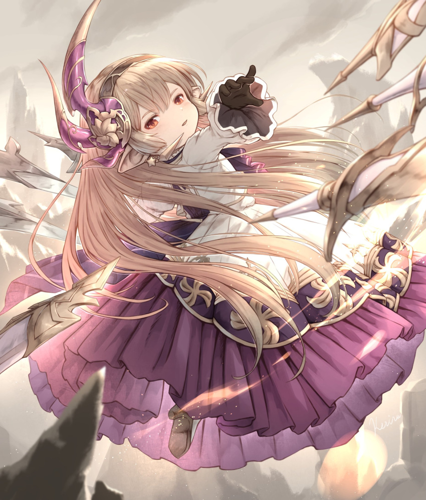 ascot black_gloves brown_hairband dress earrings flying flying_sword gloves gold_earrings granblue_fantasy granblue_fantasy:_relink hairband harvin highres jewelry khell maglielle_(granblue_fantasy:_relink) multiple_weapons petite pointy_ears princess_dress purple_ascot white_dress