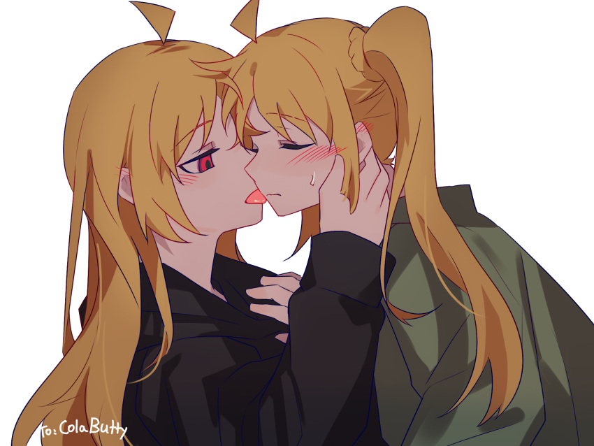 2girls ahoge black_hoodie blonde_hair blush bocchi_the_rock! chinese_commentary closed_eyes closed_mouth commentary_request green_hoodie highres hood hoodie ijichi_nijika ijichi_seika incest licking licking_another's_face long_hair multiple_girls red_eyes siblings side_ponytail simple_background sisters sweat tongue tongue_out upper_body white_background xmyishipi yuri