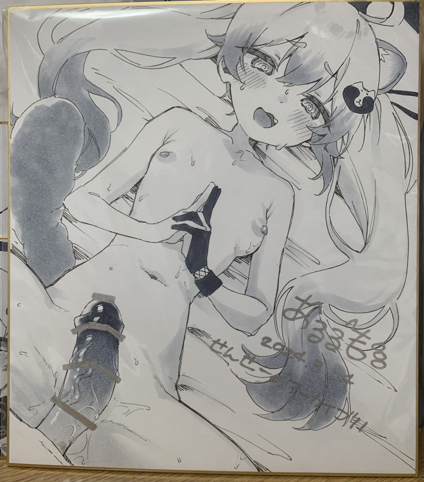 @_@ animal_ears aotan_(aorin114) blue_archive blush breasts fang gradient_hair greyscale hair_between_eyes highres kuji-in large_penis long_hair michiru_(blue_archive) monochrome multicolored_hair navel penis shikishi small_breasts tail traditional_media twintails