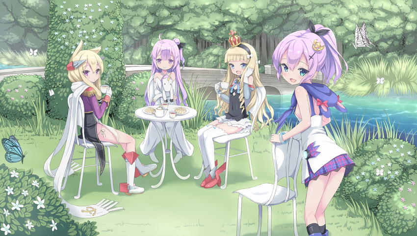 :d ahoge anchor_symbol animal animal_ears azur_lane bangs bare_shoulders black_hairband black_legwear black_panties black_ribbon black_shirt blonde_hair blue_eyes blue_flower blue_skirt boots bow bridal_gauntlets bridge bush butter camisole cat_ears chair closed_mouth commentary cookie criss-cross_halter cropped_jacket crown cup day dress eyebrows_visible_through_hair flower food forest hair_between_eyes hair_bow hair_bun hair_ribbon hairband halterneck headgear high_ponytail highres jacket javelin_(azur_lane) kimagure_blue knee_boots kneehighs long_sleeves looking_at_viewer looking_to_the_side mini_crown multiple_girls nature on_chair one_side_up open_mouth outdoors panties pink_flower plaid plaid_skirt plate pleated_skirt ponytail purple_eyes purple_footwear purple_hair purple_jacket queen_elizabeth_(azur_lane) red_footwear ribbon rudder_shoes scarf shirt side-tie_panties side_bun sidelocks sitting skirt sleeveless sleeveless_dress smile standing table tea tea_party teacup teapot thighhighs underwear unicorn_(azur_lane) warspite_(azur_lane) white_bow white_camisole white_dress white_flower white_footwear white_scarf white_skirt