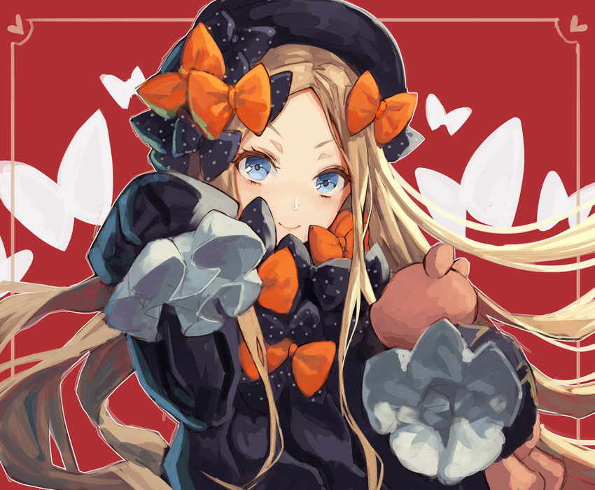 abigail_williams_(fate/grand_order) bangs black_bow black_dress black_hat blonde_hair blue_eyes bow bug butterfly closed_mouth commentary_request dress fate/grand_order fate_(series) forehead hair_bow hat insect long_hair long_sleeves looking_at_viewer object_hug orange_bow parted_bangs polka_dot polka_dot_bow sleeves_past_wrists smile solo stuffed_animal stuffed_toy tamarashi teddy_bear v-shaped_eyebrows very_long_hair