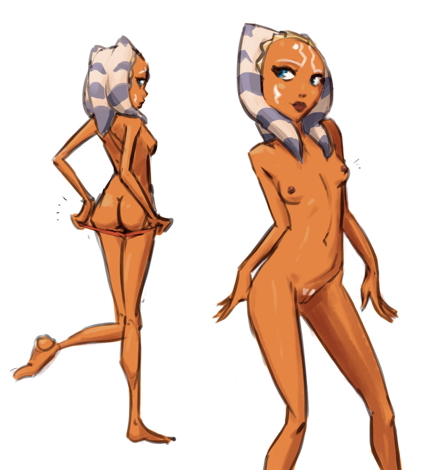 ahsoka_tano alien blue_eyes breasts brown_nipples butt clone_wars clothing female front_view full-length_portrait humanoid looking_away looking_back multiple_poses navel nipples not_furry on_one_leg orange_skin panties panties_down portrait pose pussy raised_leg rear_view side_boob simple_background skinny smile solo standing star_wars togruta tourbillon underwear undressing white_background